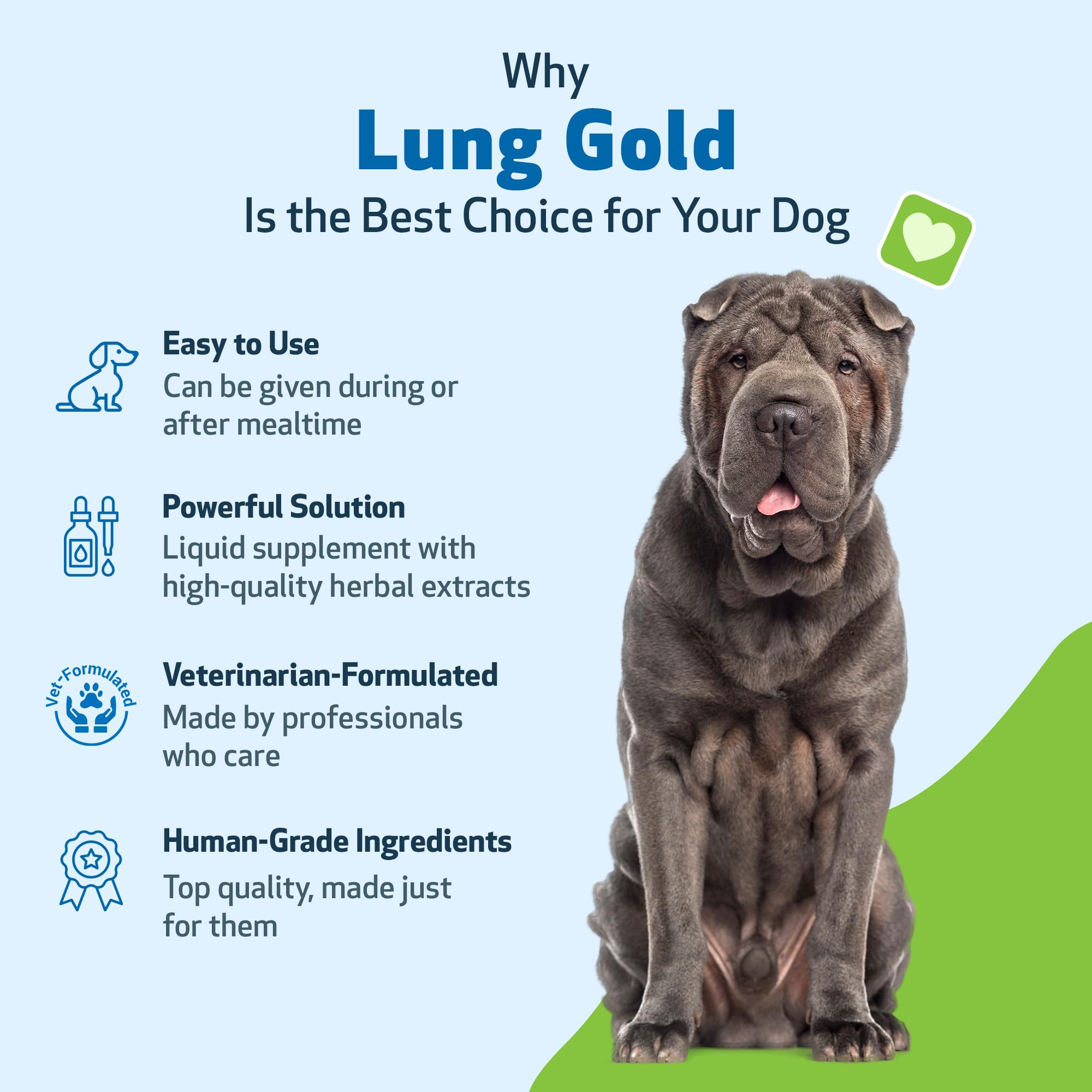Made in USA GMP facility mark on Pet Wellbeing Lung Gold packaging.