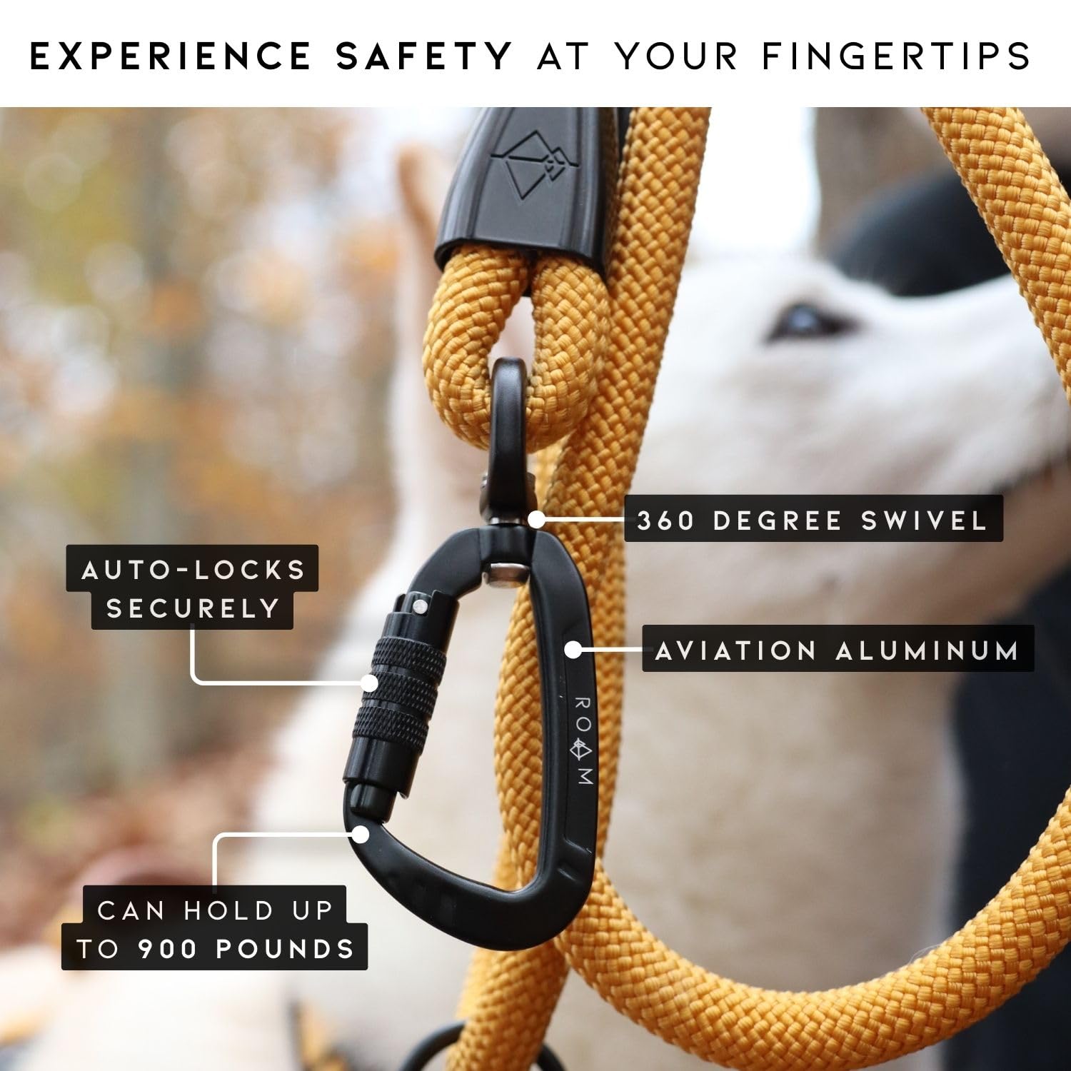 Made To Roam Explorer Leash aviation aluminum carabiner highlights lightweight, durable hardware.