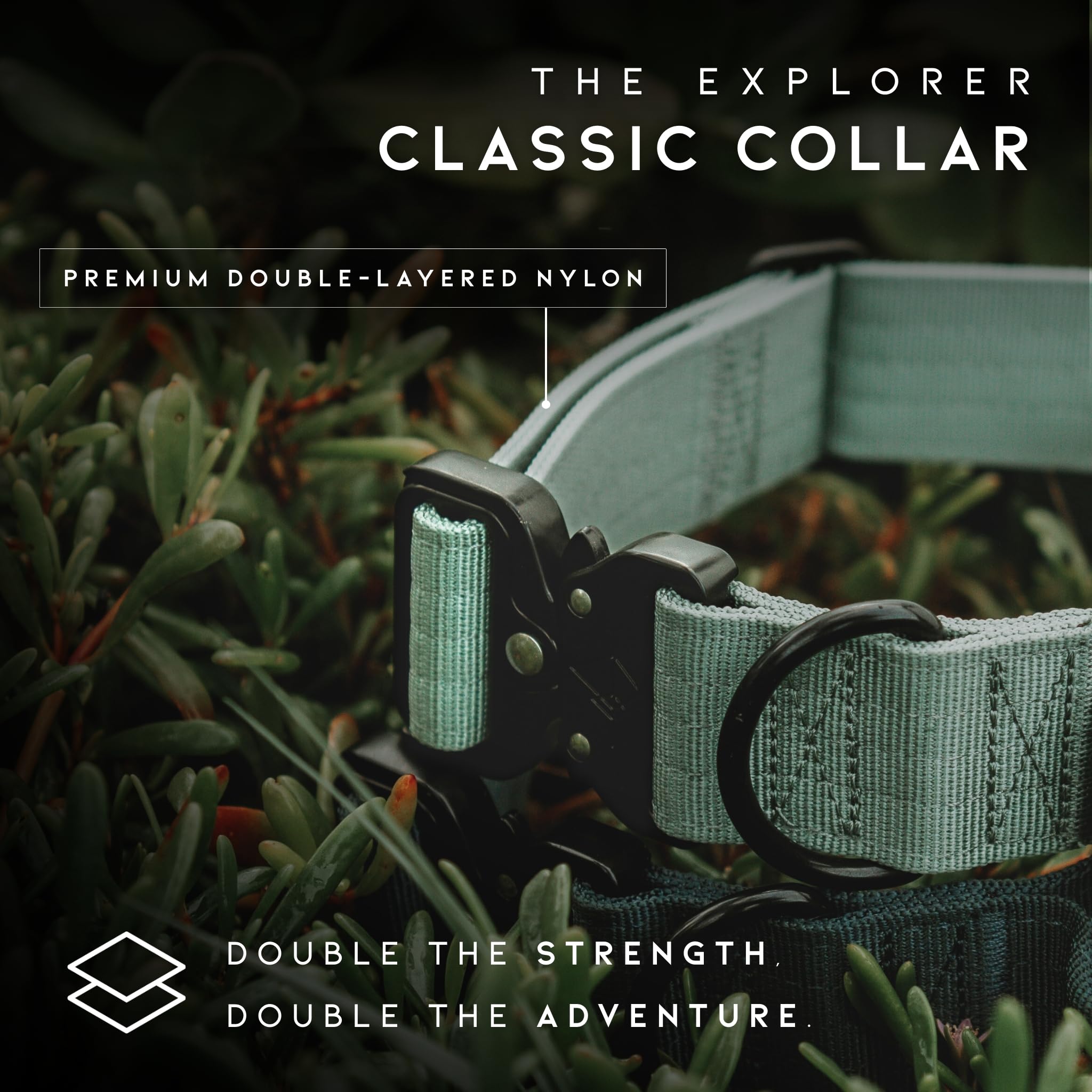 made-to-roam premium explorer collar weatherproof materials close-up highlights rust-proof hardware.