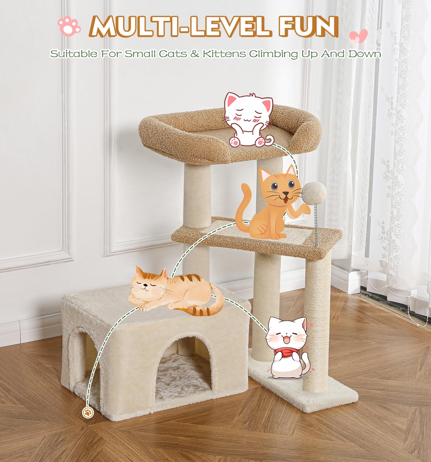 Made4Pets cat tree grey multi-cat play area encourages social interaction.