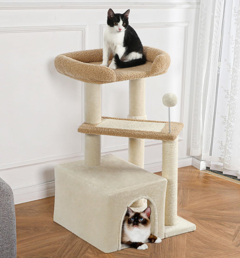 Made4Pets cat tree grey perch closeup shows soft carpet finish.