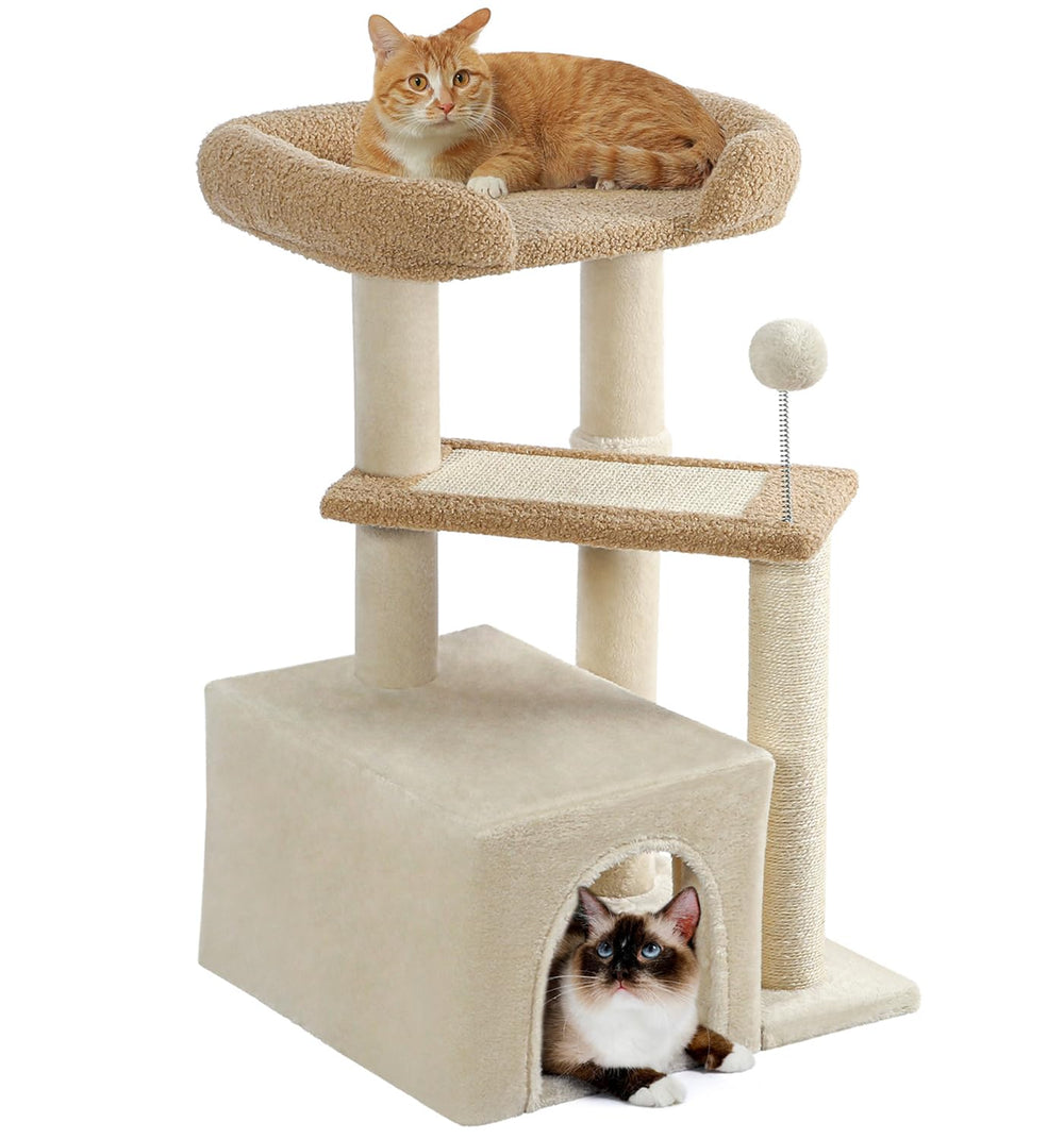 Made4Pets cat tree grey top bed offers a cozy perch for curious cats.