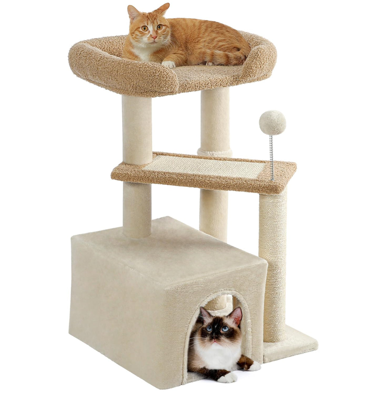 Made4Pets cat tree grey top bed offers a cozy perch for curious cats.