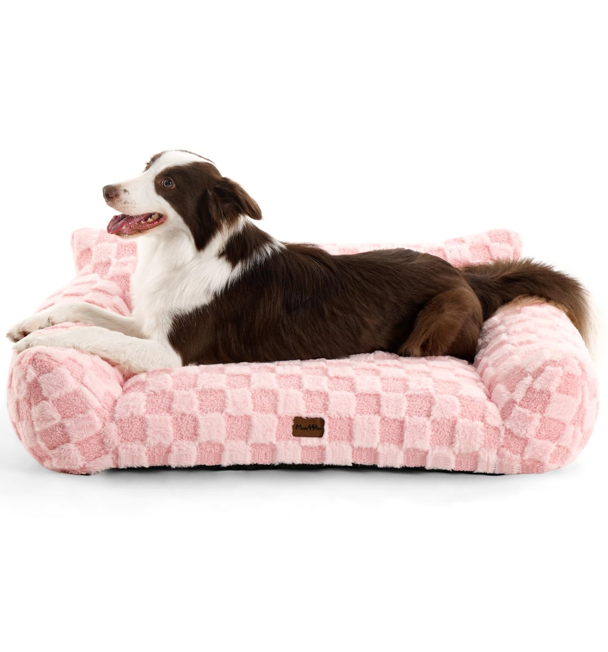 Made4Pets dog couch-bed with soft faux fur checkered texture for cozy lounging.