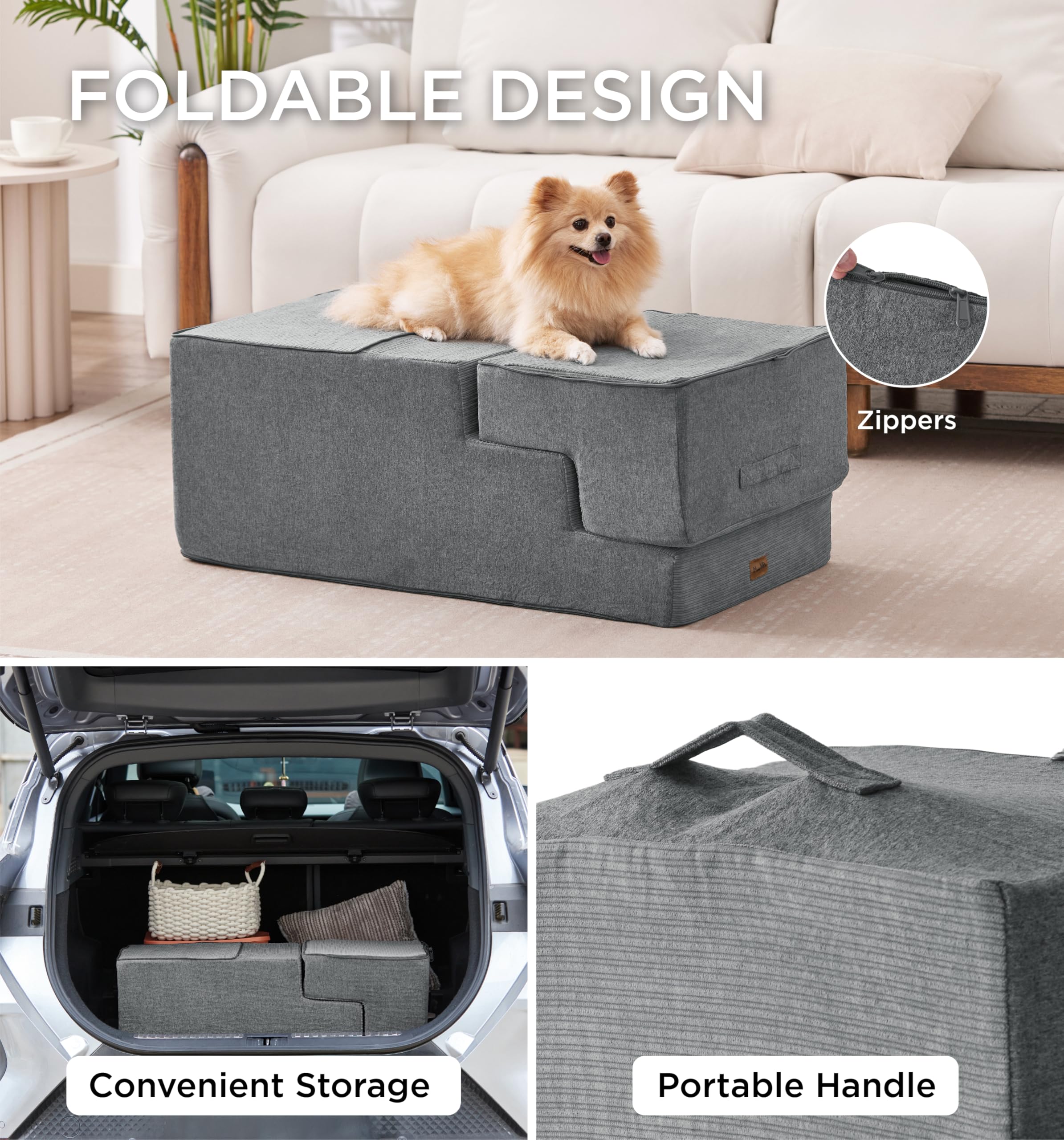 Made4Pets dog steps grey compact-folded design stores neatly when not in use.