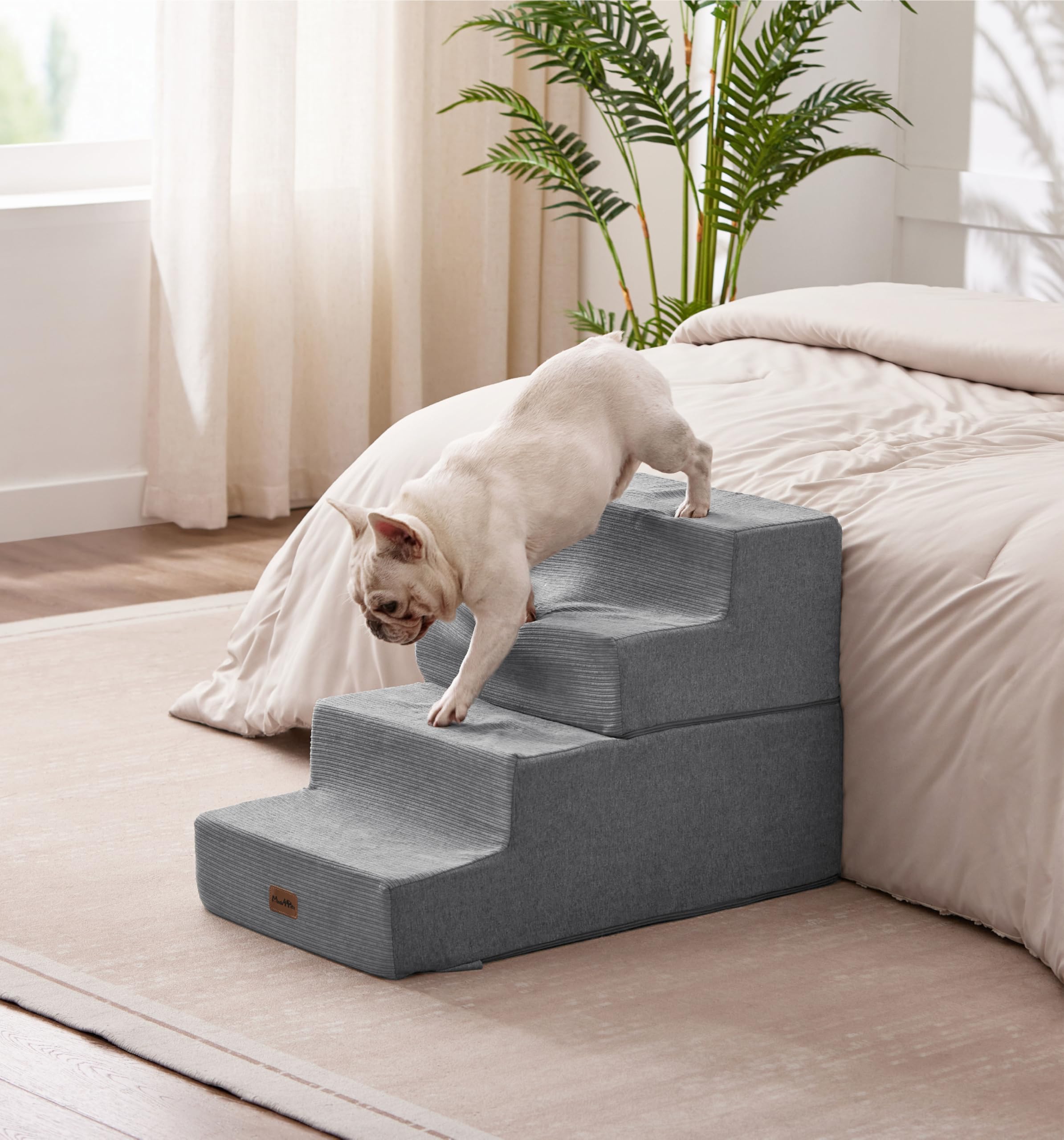 Made4Pets dog steps grey product-dimensions show slim profile for furniture compatibility.