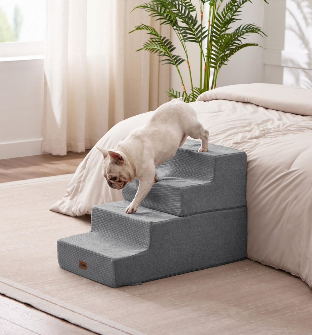 Made4Pets dog steps grey product-dimensions show slim profile for furniture compatibility.
