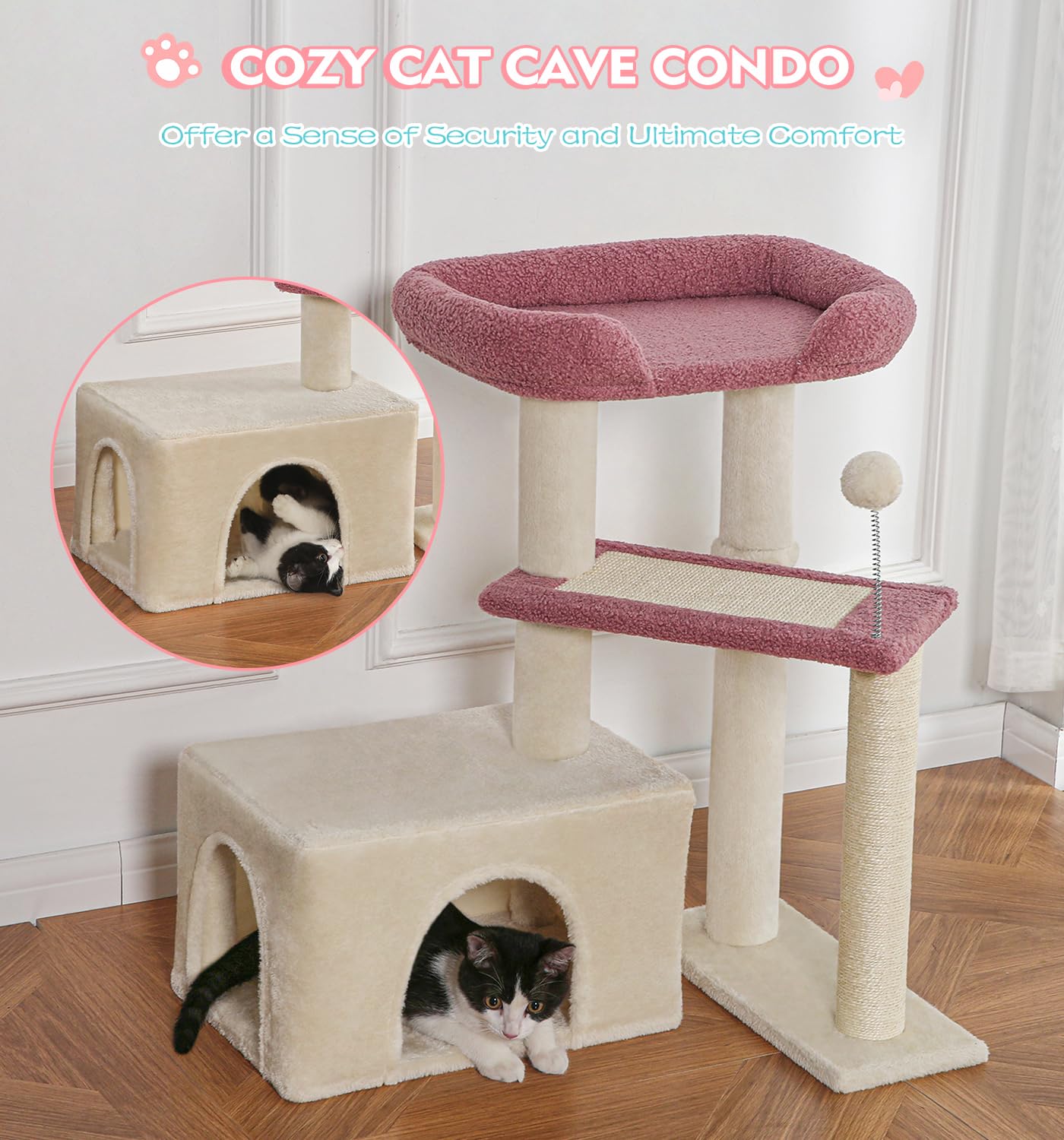 Made4Pets Pink Cat Tree thick base enhances stability during jumps.