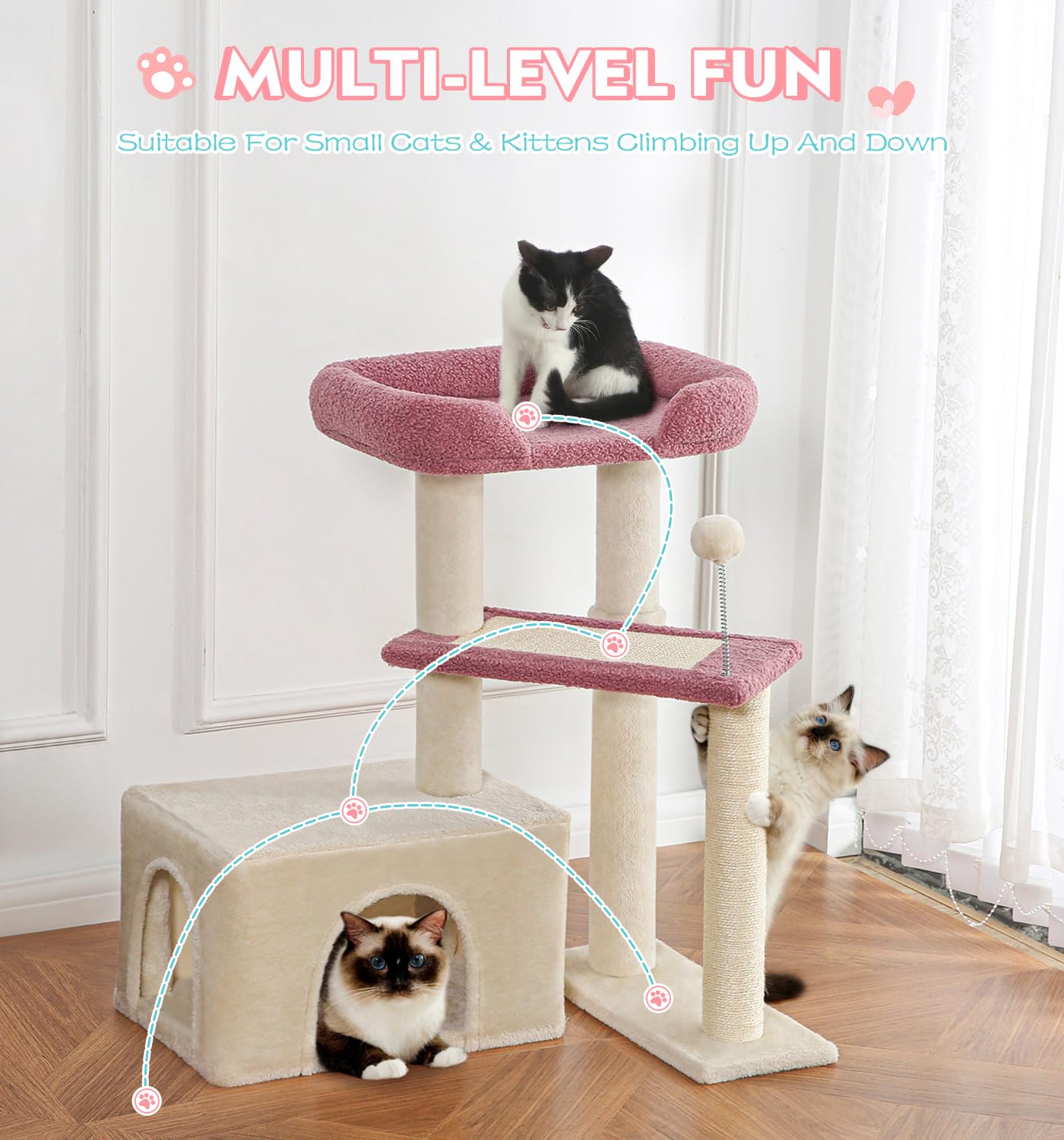 Made4Pets Pink Cat Tree placed by window boosts natural sun naps.