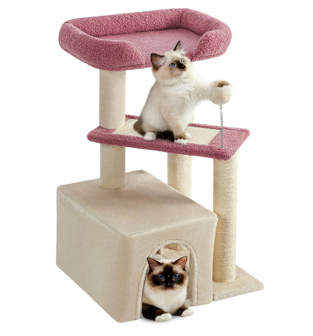 Made4Pets Pink Cat Tree condo offers a private retreat for indoor cats.