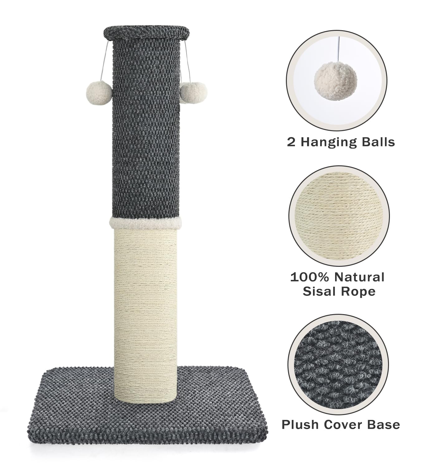 MADE 4 PETS tall-cat-scratching-post-33in-dark-grey-carpet-surface offers soft texture that protects furniture.