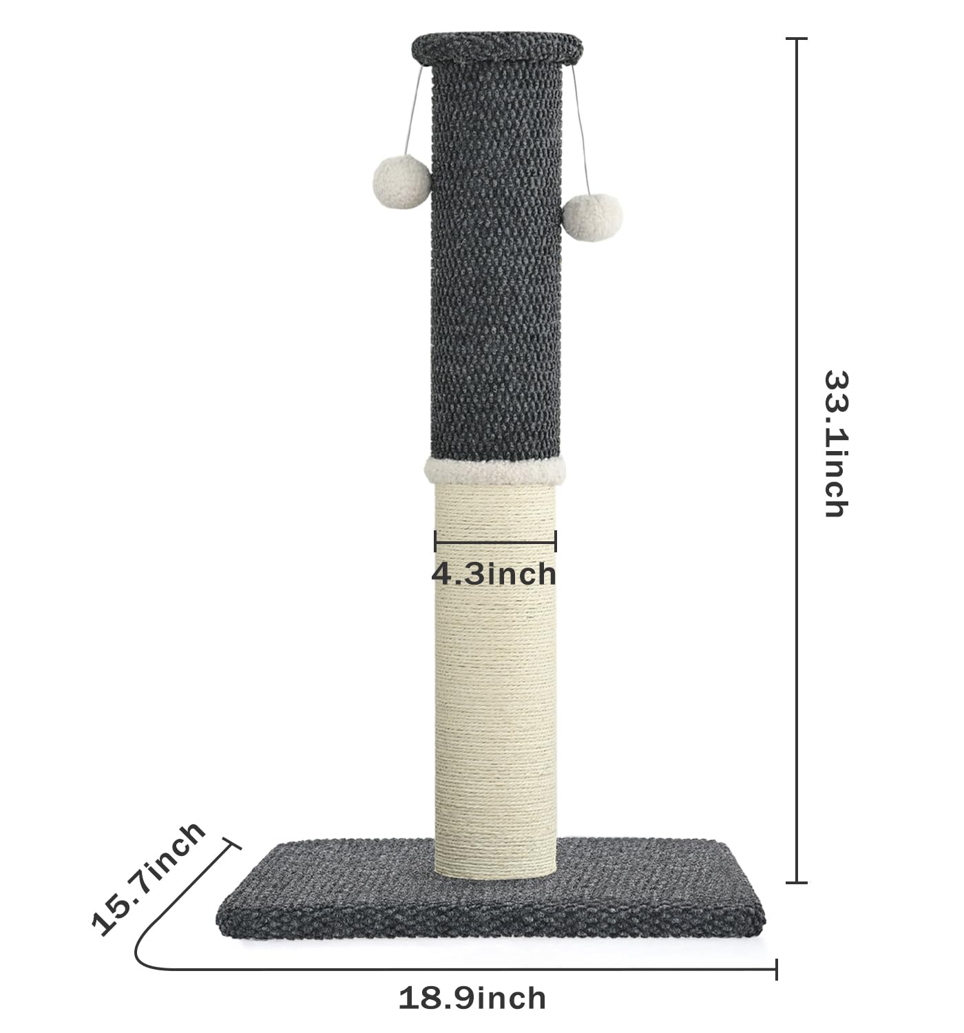 MADE 4 PETS tall-cat-scratching-post-33in-dark-grey-durable-base ensures stability during vigorous scratching sessions.
