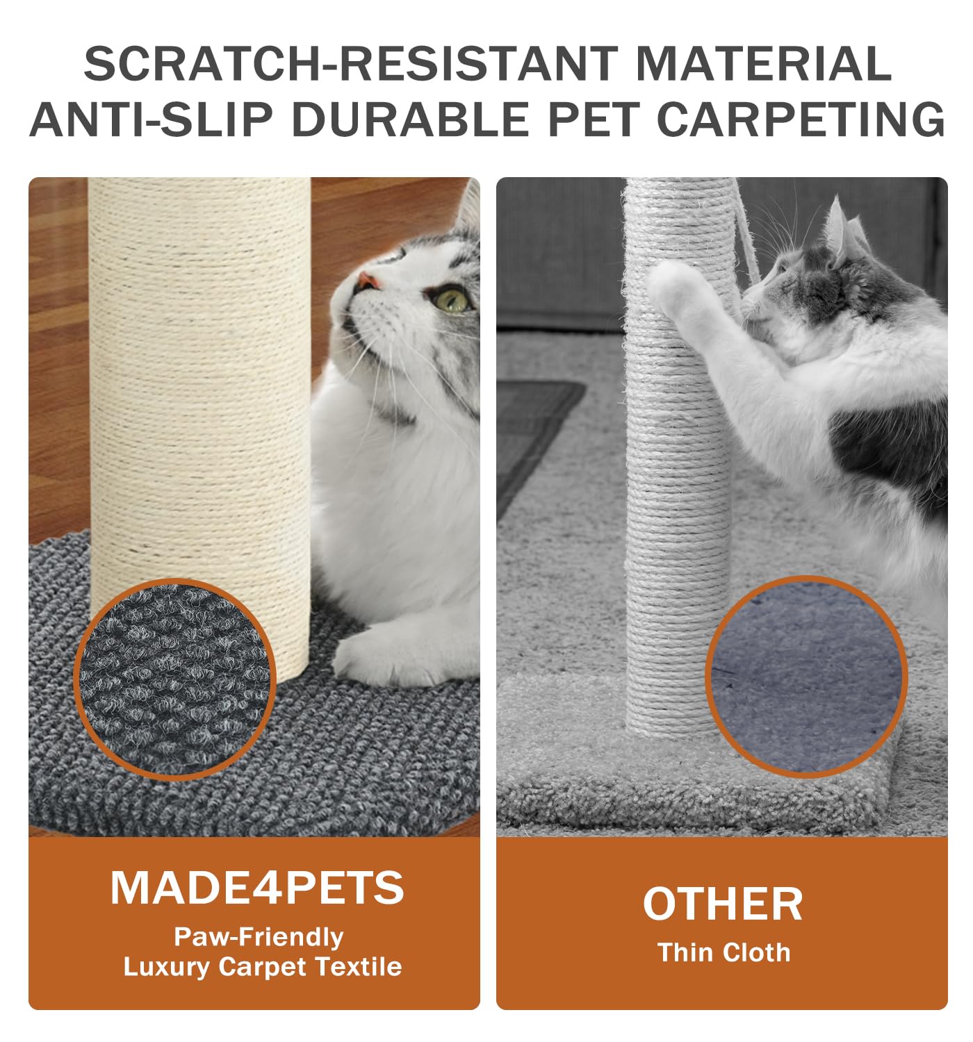 MADE 4 PETS tall cat scratching post wide base enhances stability during vigorous use.