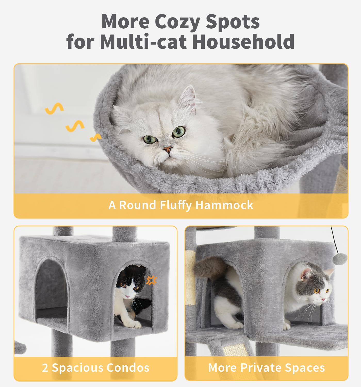 Made4Pets tall cat tree cozy hammock gives cats a soft, relaxed lounging spot.