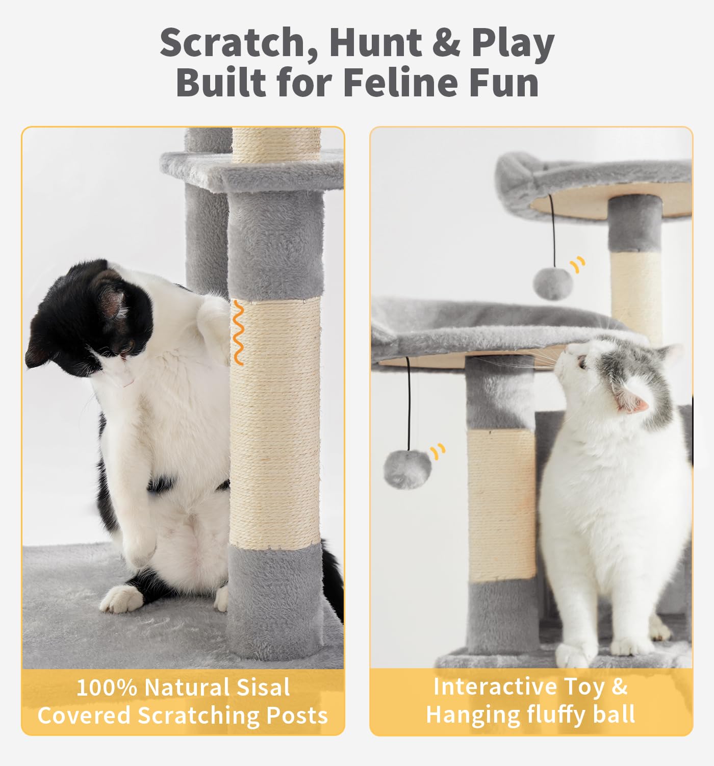 Made4Pets tall cat tree sisal posts invite satisfying scratching to protect furniture.