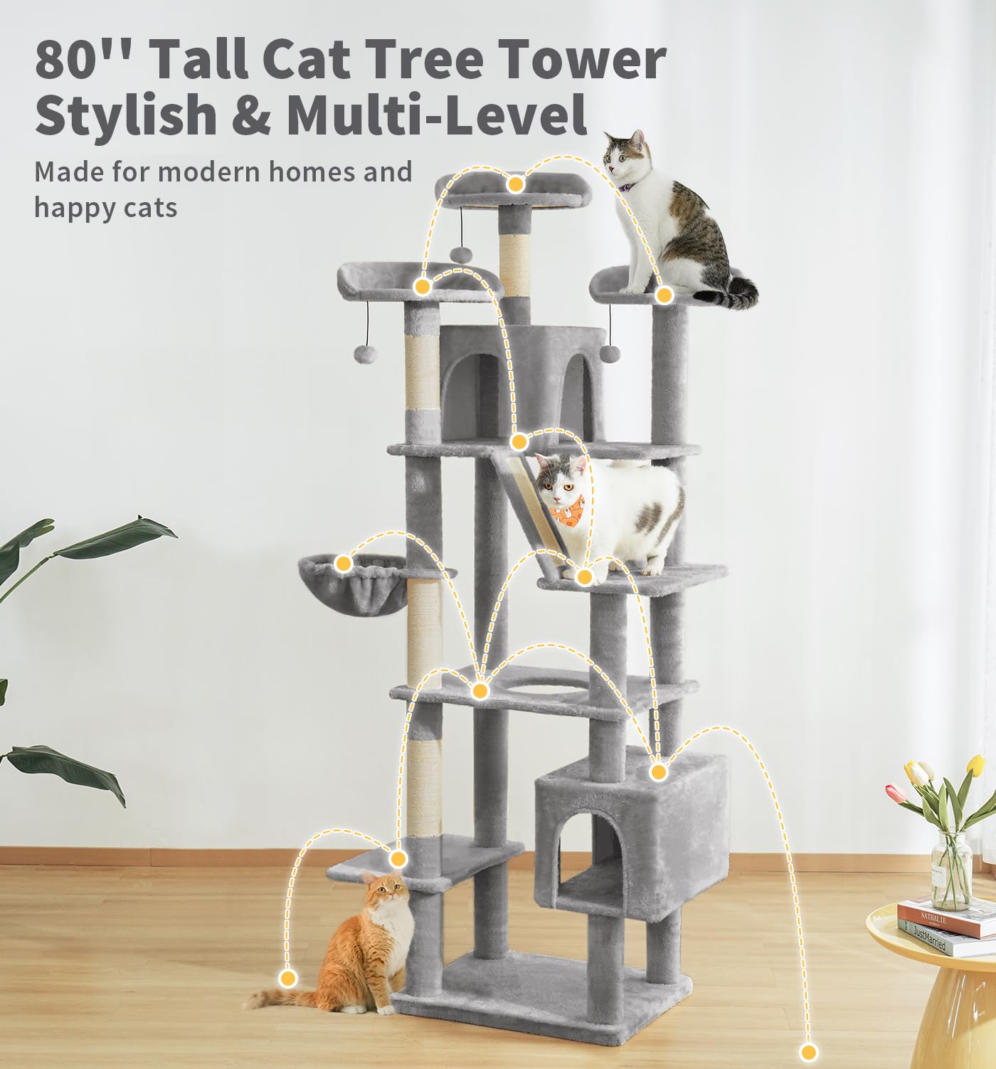 Made4Pets tall cat tree soft fabric cover feels gentle on paws.