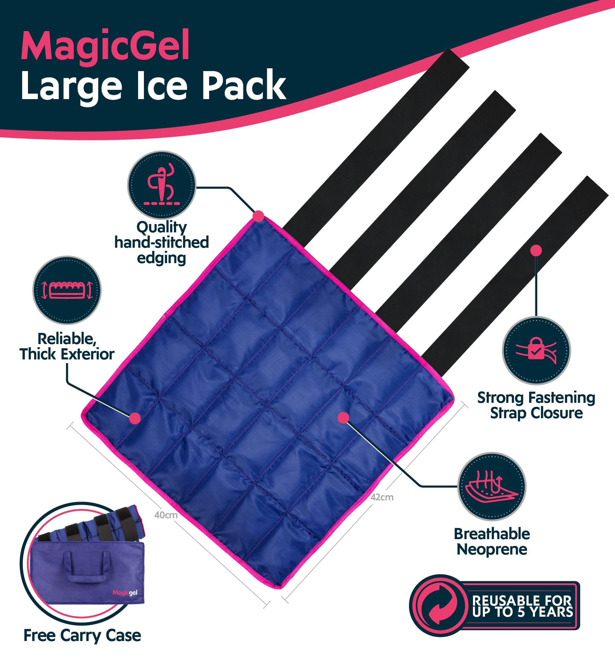 Magic Gel ice pack on leg wrap with secure fit.