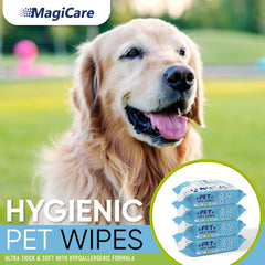 MAGICARE Pet Wipes 8x8-inch sheets for body, paws, and face—gentle, water-free cleansing.