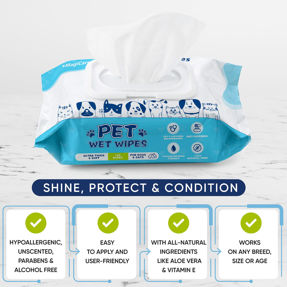 MAGICARE Pet Wipes no rinsing needed on the go.