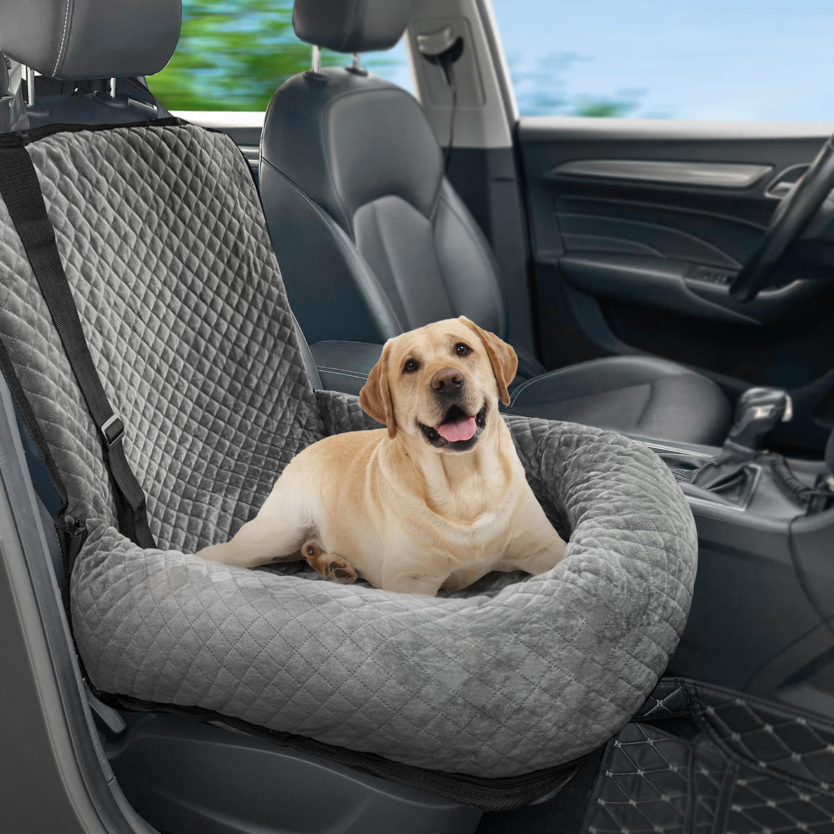 MagicFox dog car seat in grey fabric with adjustable straps for secure travel.