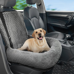 MagicFox dog car seat in grey fabric with adjustable straps for secure travel.