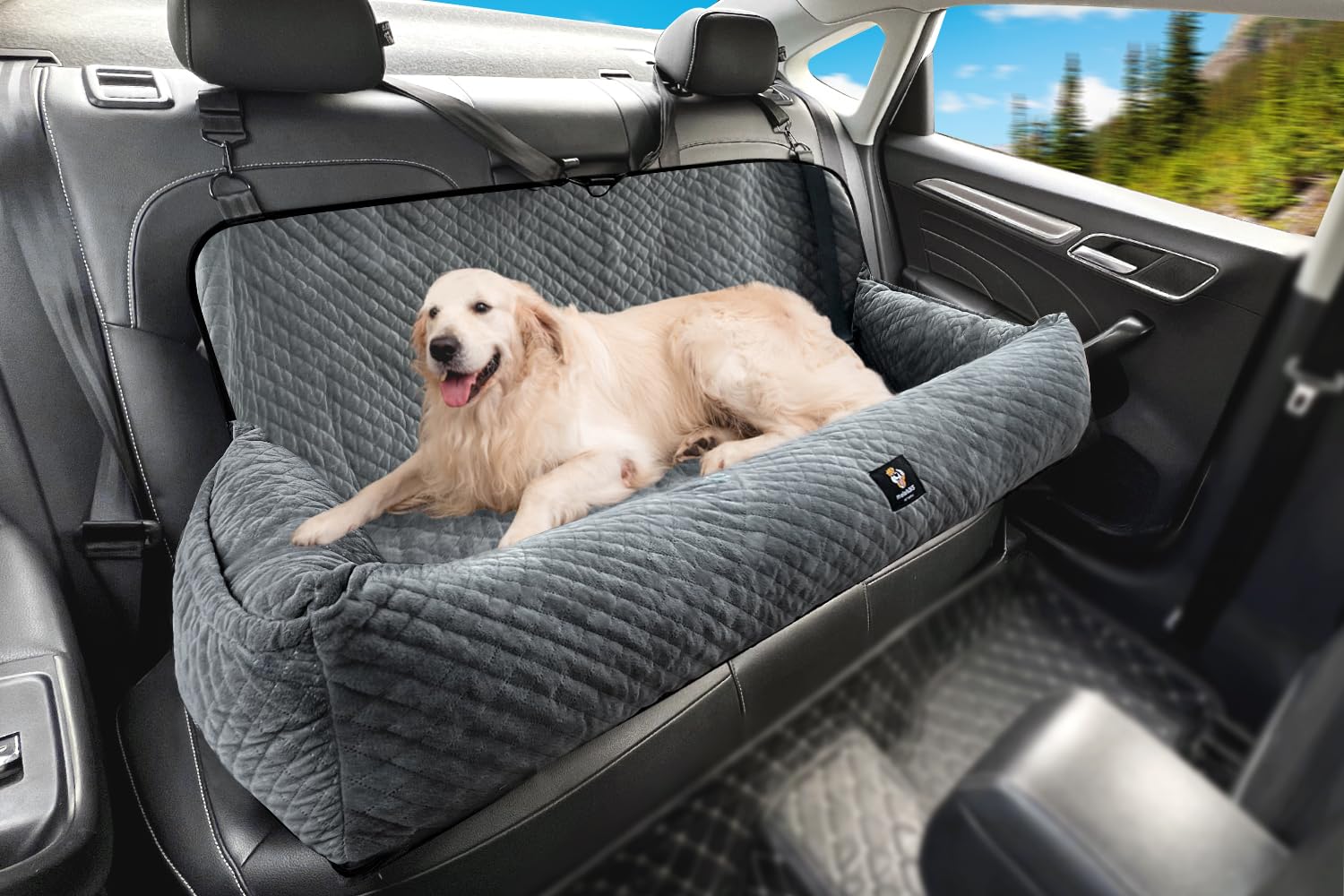 MagicFox dog car seat on back seat in grey showing universal back-seat fit for medium and large dogs