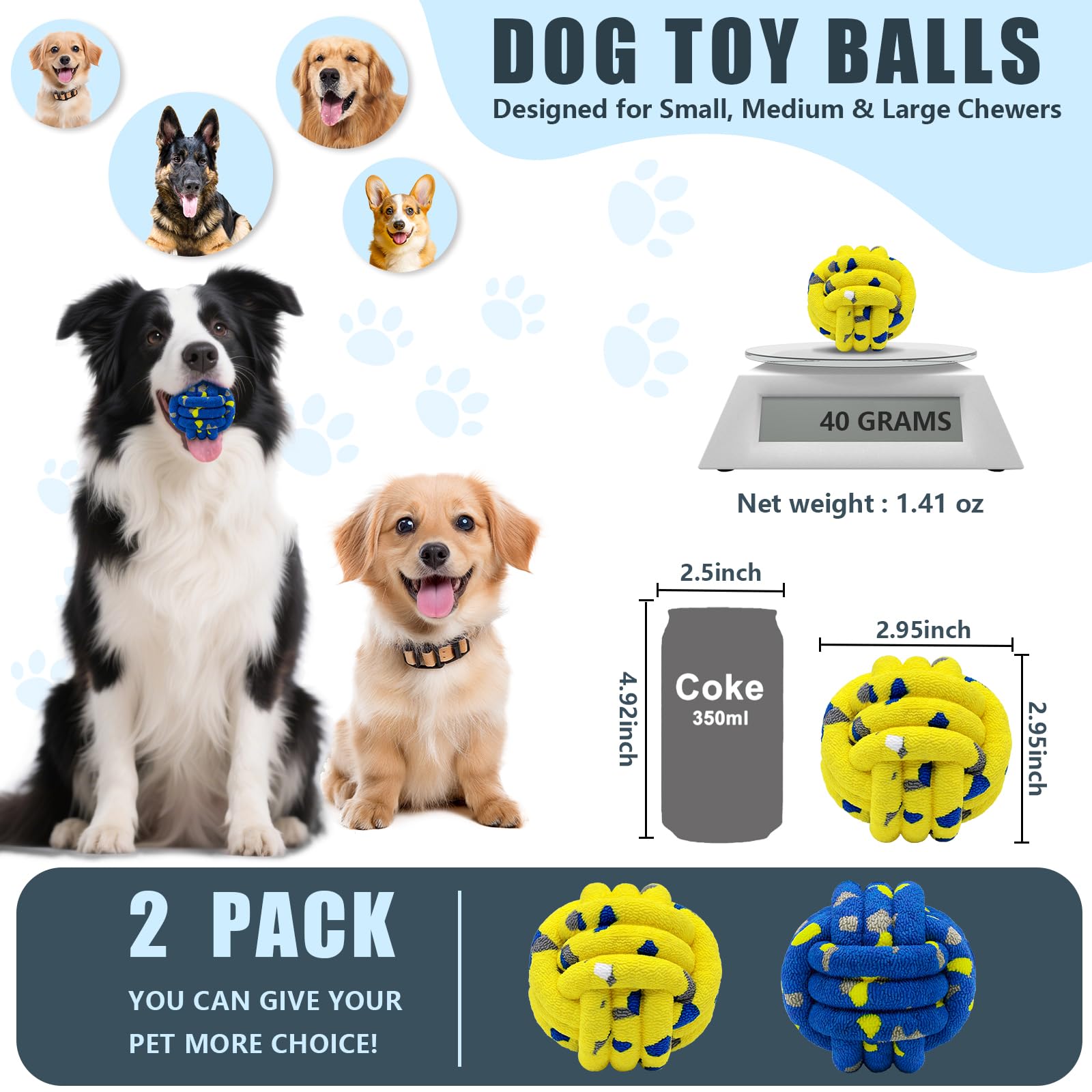 Magicorange dog balls blue-yellow close-up shows durable surface for aggressive chewers.