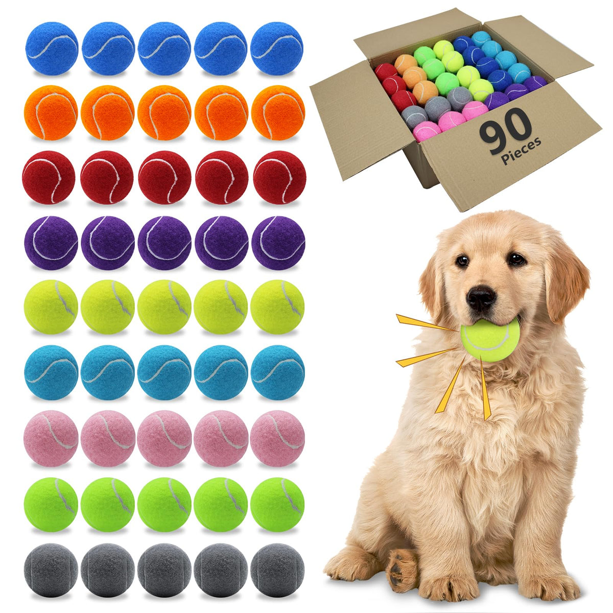 Magicorange dog tennis balls packaging shown with 90-pack bag for easy transport.