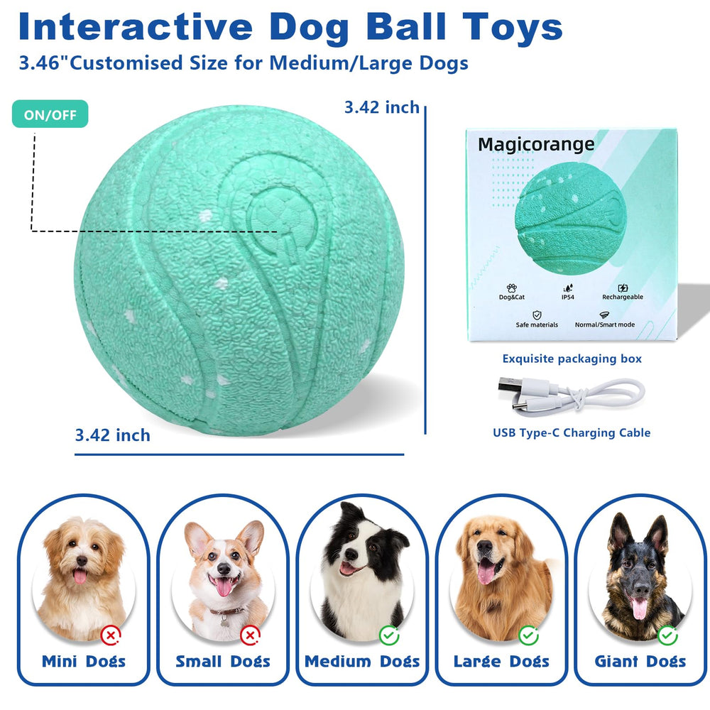 Magicorange interactive dog ball safety notes illustrate supervised play and chew-monitoring