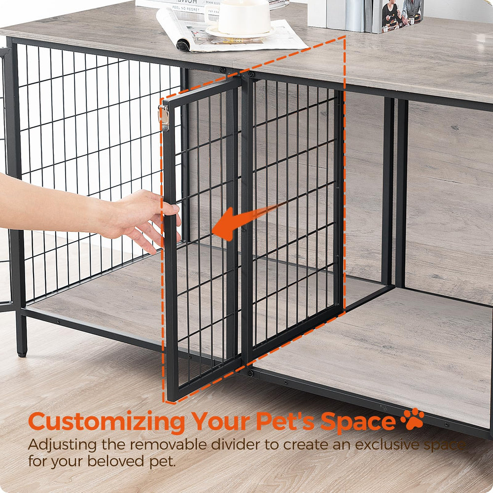 MAHANCRIS dog crate furniture close-up wood panel emphasizes durable materials and vintage style.