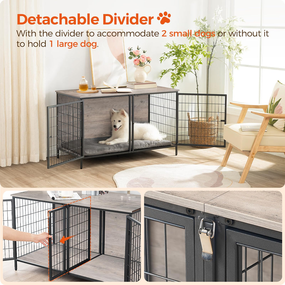 MAHANCRIS dog crate furniture divider installed portrays optimized space for two small dogs.