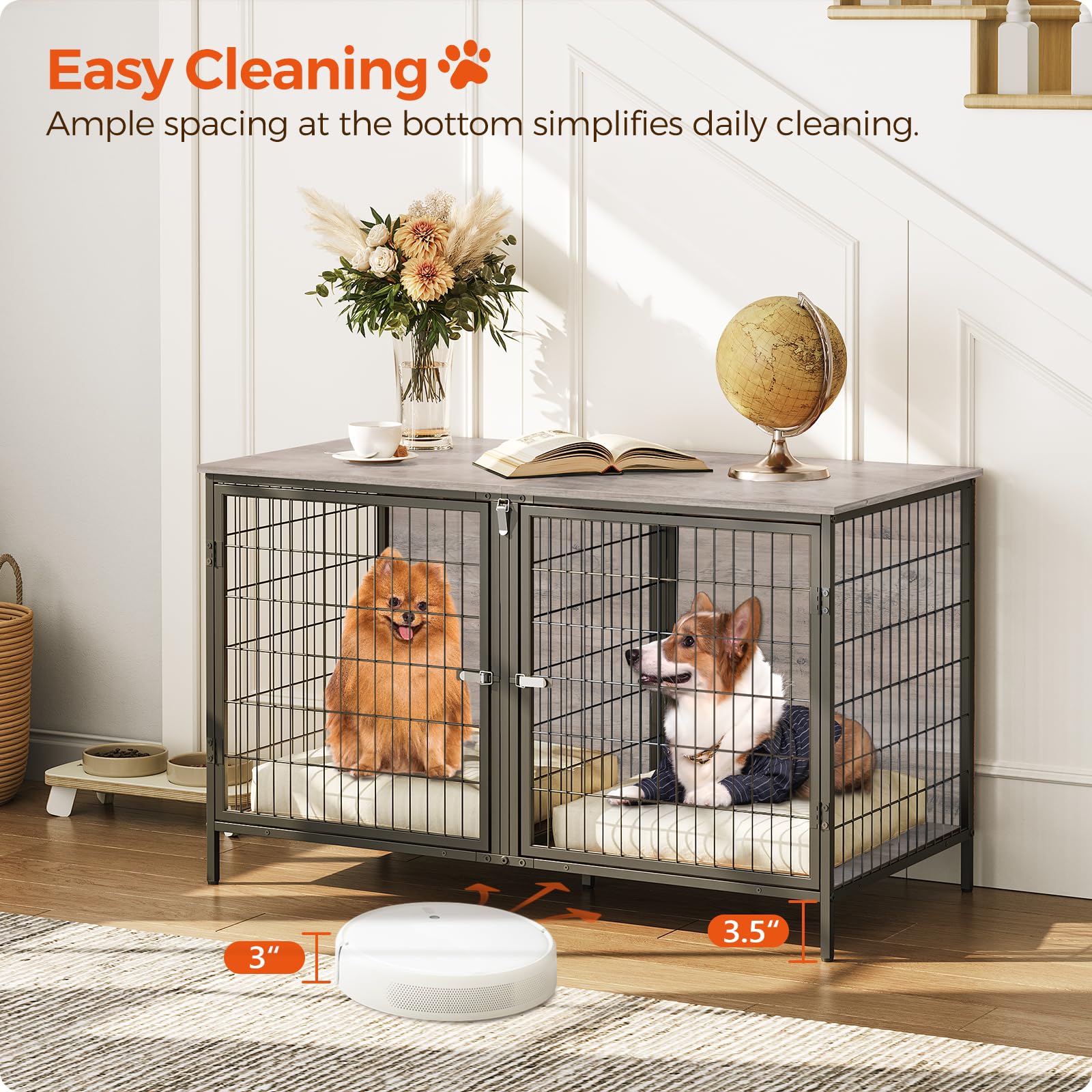 MAHANCRIS dog crate furniture two-dogs-ready scene illustrates pet comfort and shared living space.