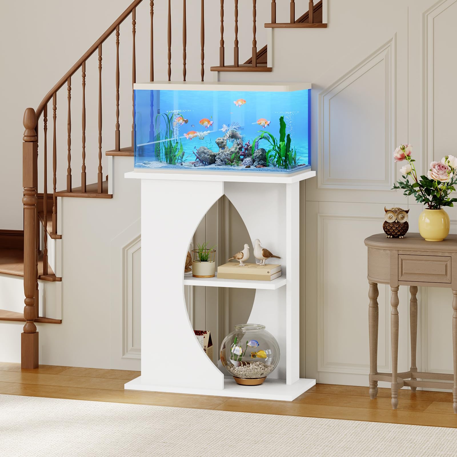 MAHANCRIS 10-gallon fish tank stand middle shelf holds accessories neatly.