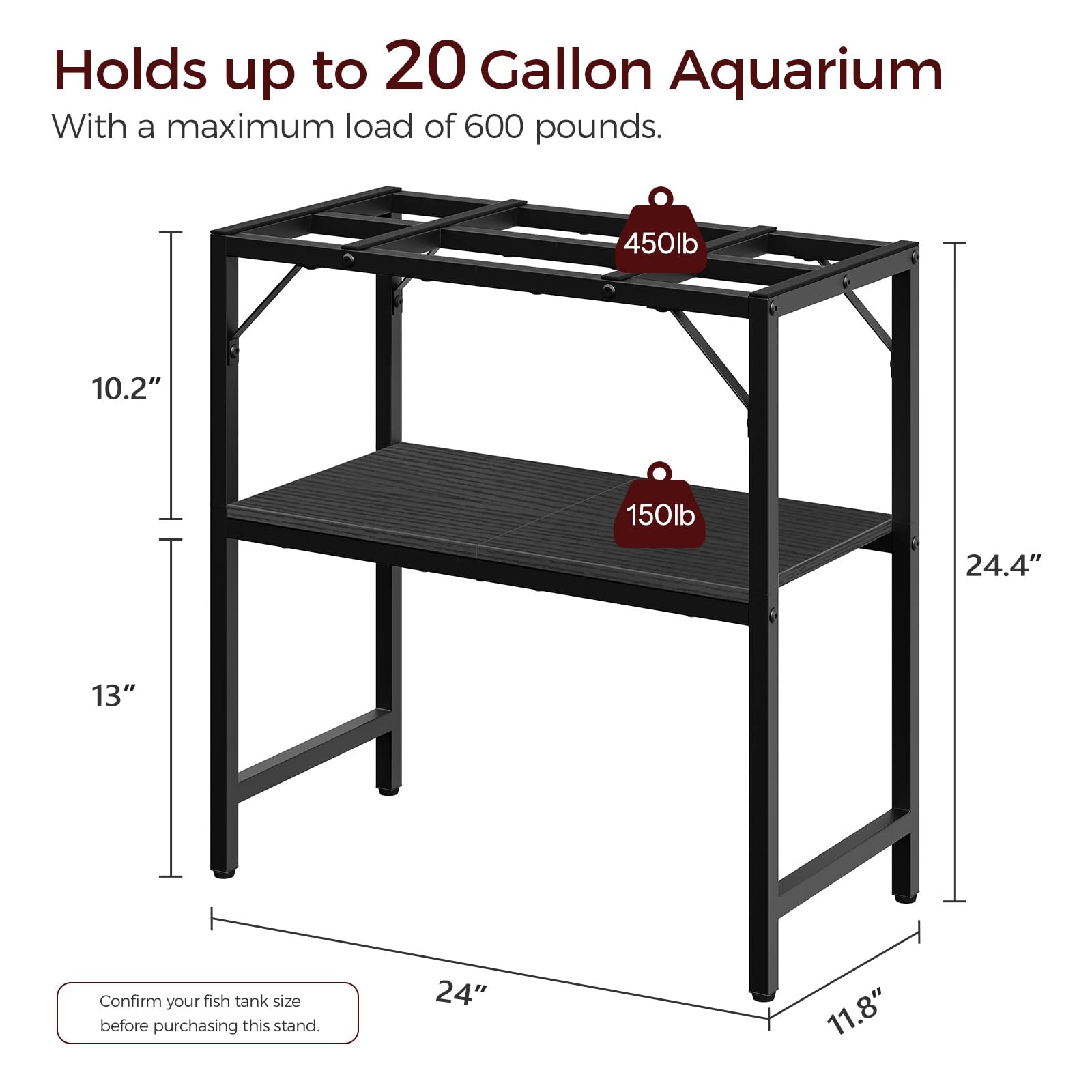 MAHANCRIS aquarium stand 2-tier storage side view highlights extra shelf room.