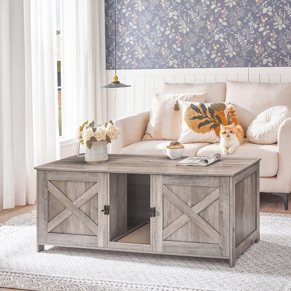 MAHANCRIS cat litter enclosure scratching-board detail encourages play while concealing waste