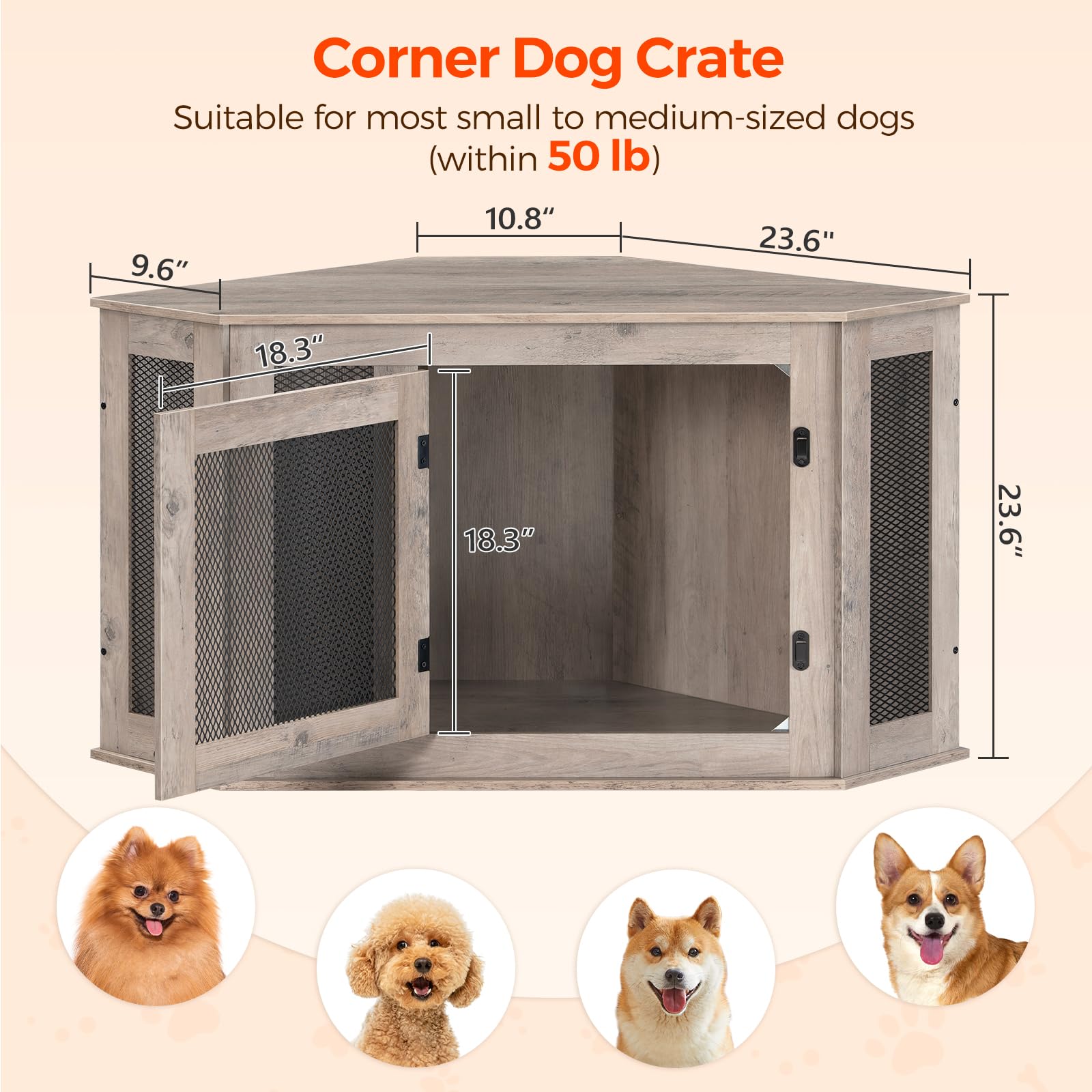 MAHANCRIS Corner Dog Crate Corner Fit image highlights wall integration