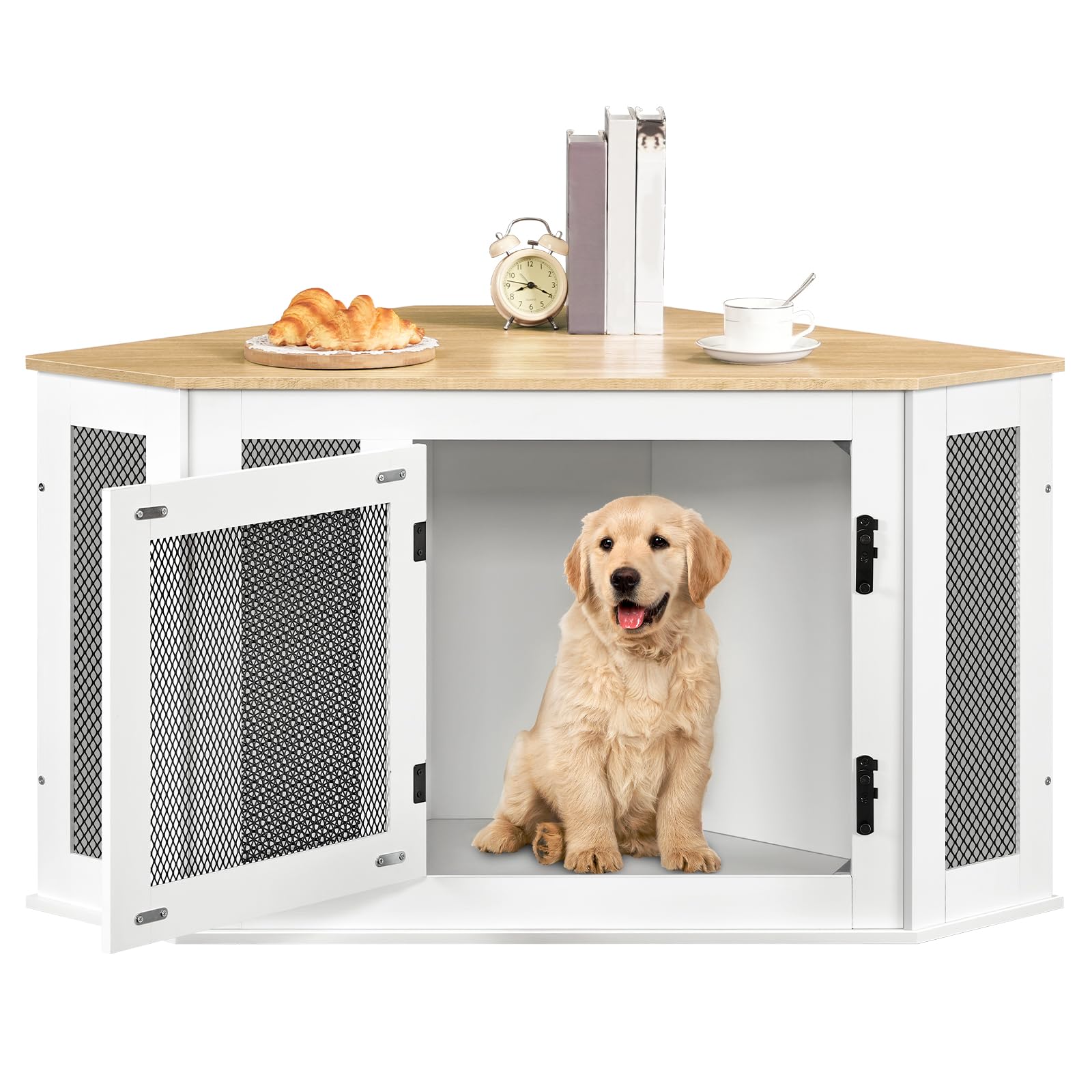 MAHANCRIS Corner Dog Crate cozy nook setup inside living space.