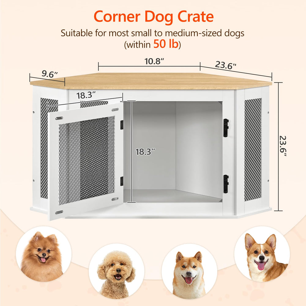 MAHANCRIS Corner Dog Crate top table storage showcases furniture-grade surface.