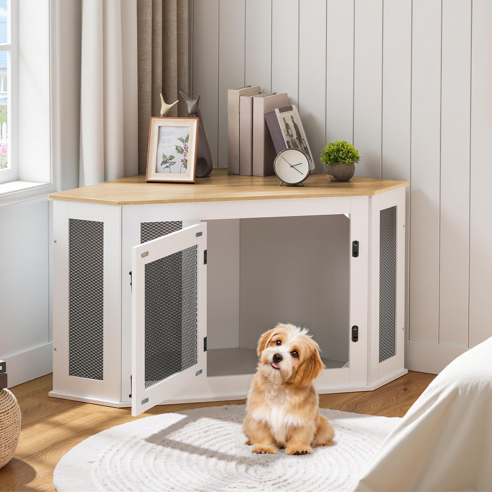 MAHANCRIS Corner Dog Crate used as TV stand or storage surface.