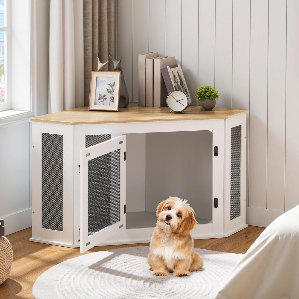 MAHANCRIS Corner Dog Crate used as TV stand or storage surface.