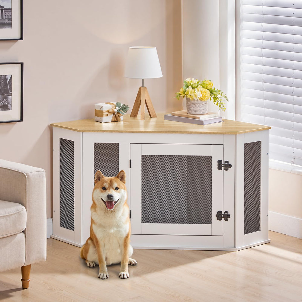 MAHANCRIS Corner Dog Crate wood material highlights sturdy, durable construction.