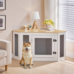MAHANCRIS Corner Dog Crate wood material highlights sturdy, durable construction.