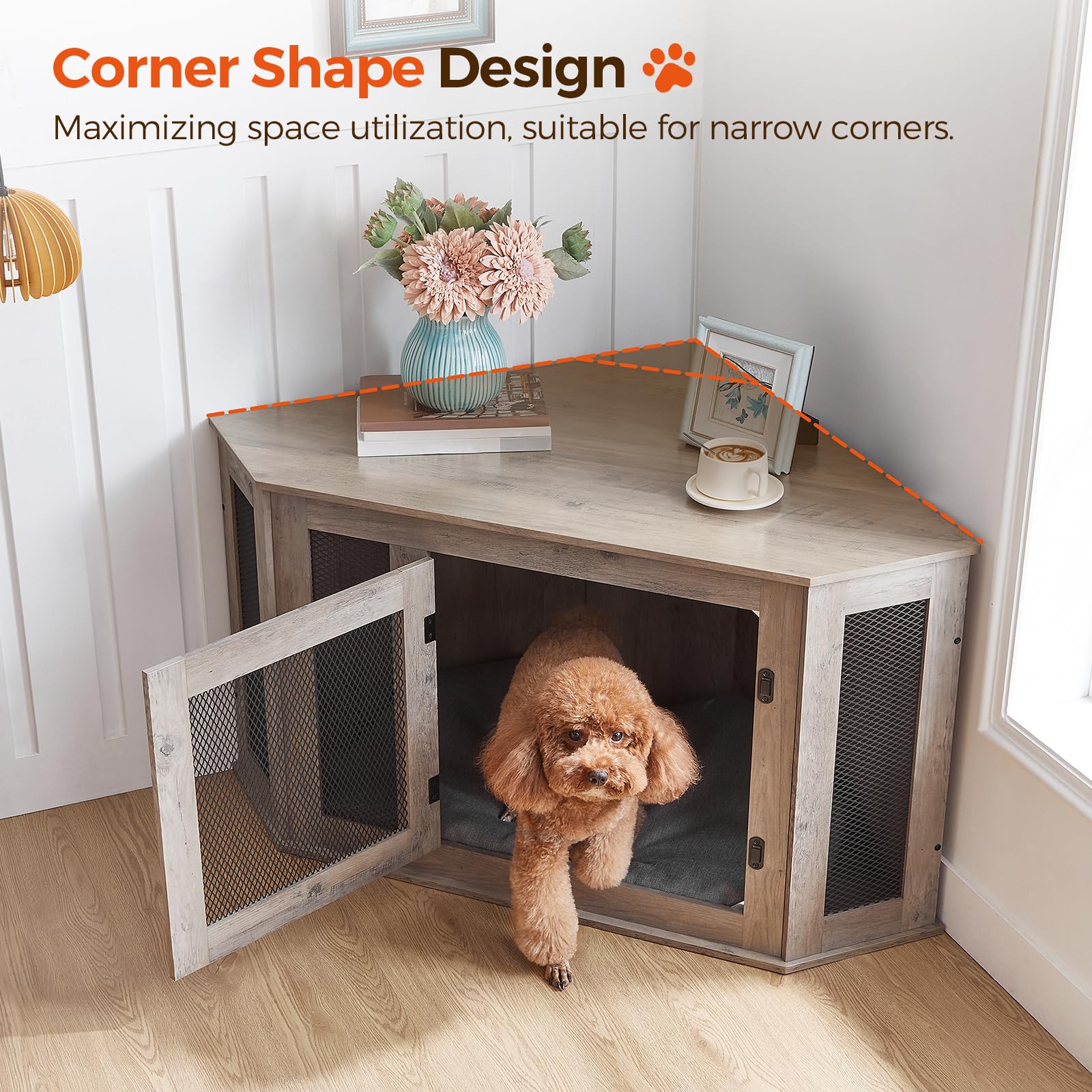 MAHANCRIS Corner Dog Crate Wooden Kennel demonstrates corner fit for tight living spaces