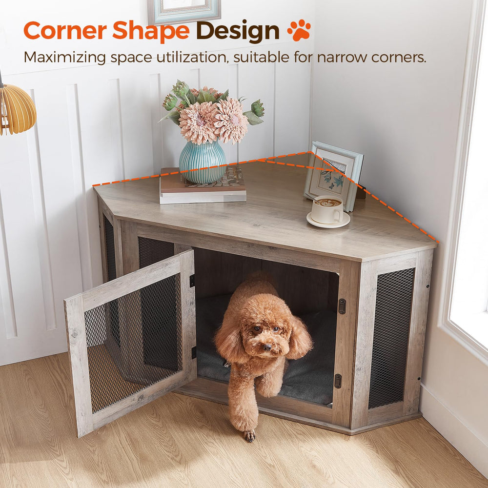 MAHANCRIS Corner Dog Crate Wooden Kennel demonstrates corner fit for tight living spaces