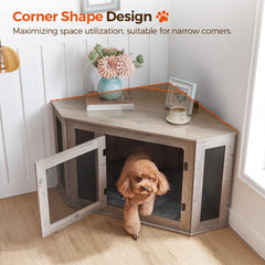 MAHANCRIS Corner Dog Crate Wooden Kennel demonstrates corner fit for tight living spaces