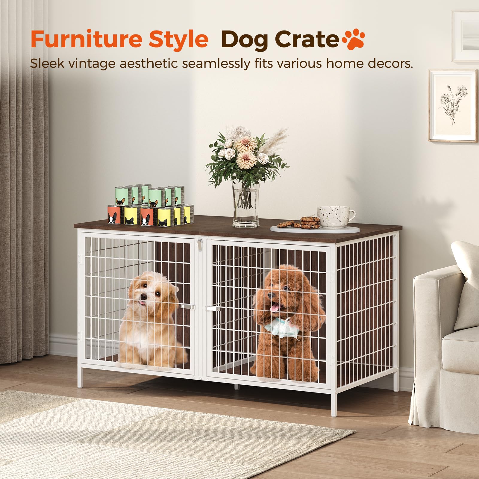 MAHANCRIS dog crate furniture interior shelf offers sturdy storage for bowls and toys.
