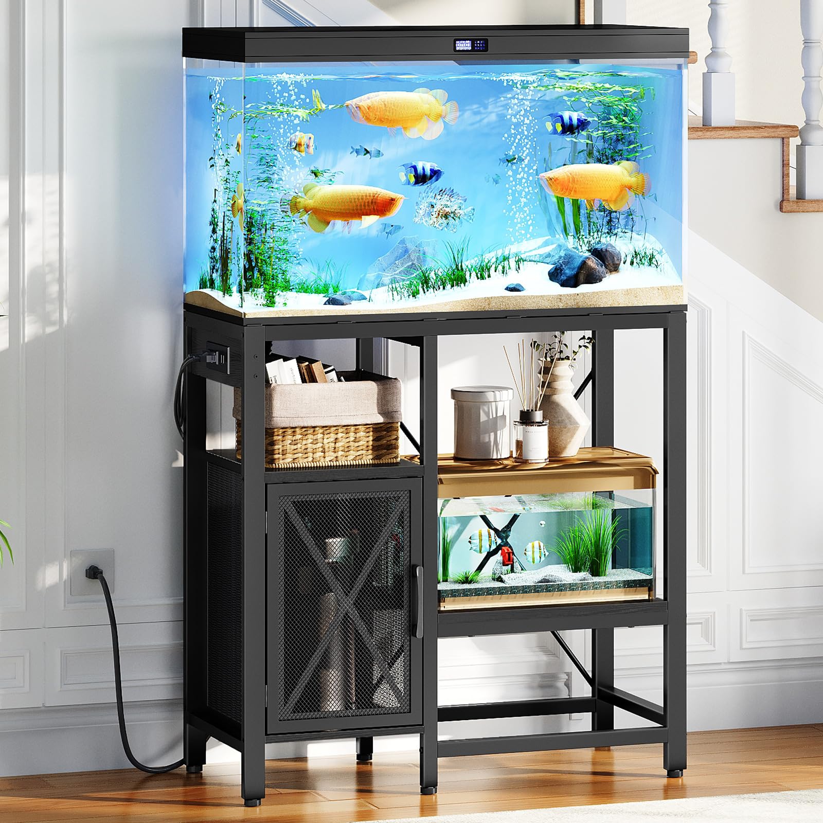 MAHANCRIS fish tank stand with power outlets enables easy lighting and filtration setup