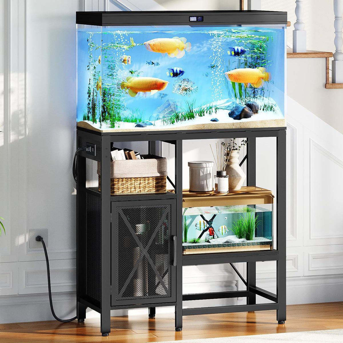 MAHANCRIS fish tank stand with power outlets enables easy lighting and filtration setup