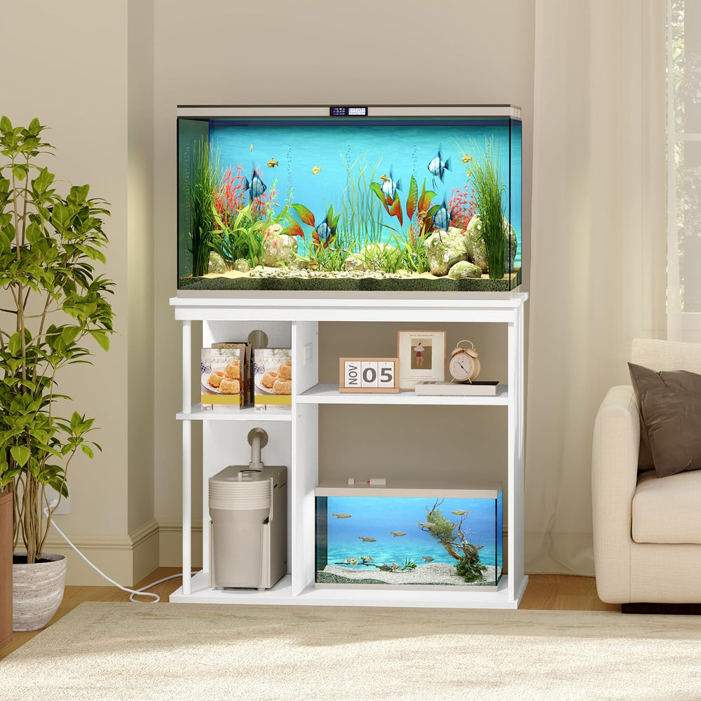 MAHANCRIS fish tank stand side view showing integrated power outlets and cable management reducing clutter