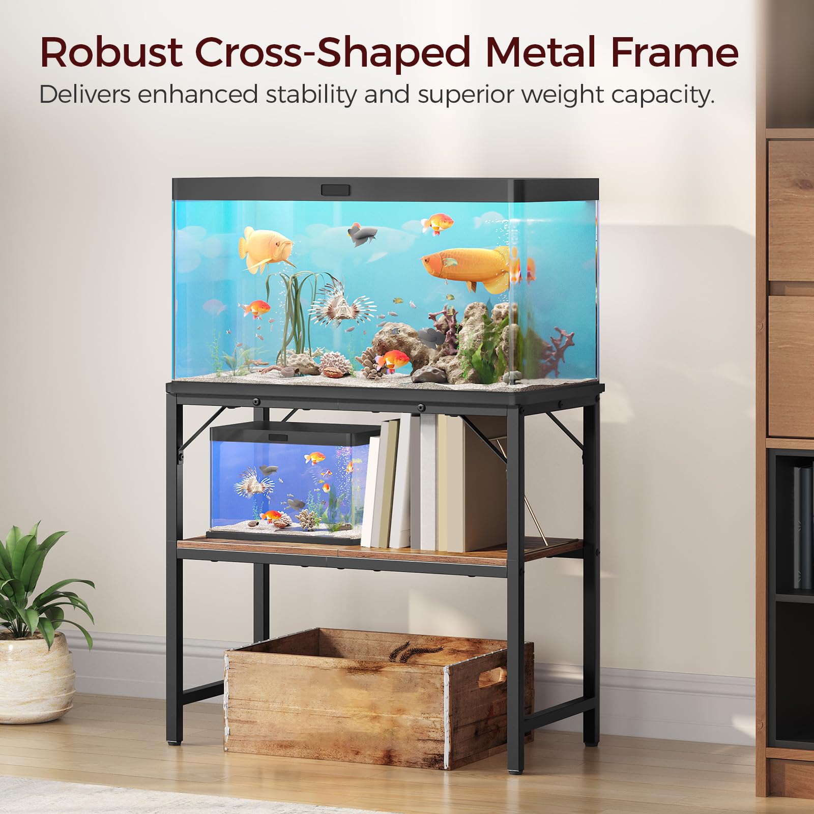 MAHANCRIS heavy-duty aquarium stand side view highlights metal frame and corner support for stability.